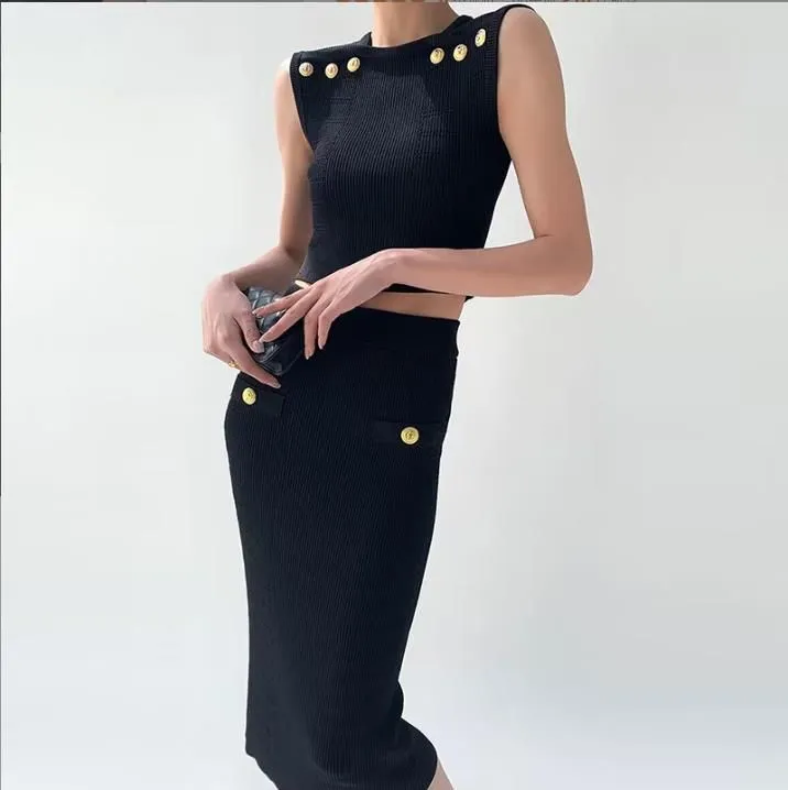 426 2023 Milan Style Spring Summer Brand Same Style Two Pieces Sets Short Skirt Black Crew Neck Empire Sleeveless Dress YL