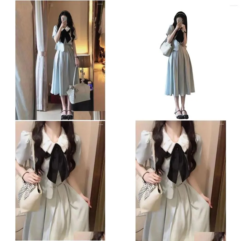 Work Dresses Sweet Korean Patchwork Collar Shirt Pleated Skirt Two-piece Set Women Temperament Bubble Sleeve College Slim Summer Female