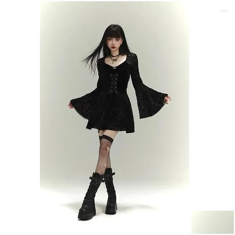 Casual Dresses Goth Long Sleeve High Waist 2024 Vintage Punk Style Flocked Bandage Dress Women Flare Party Alt Outfit