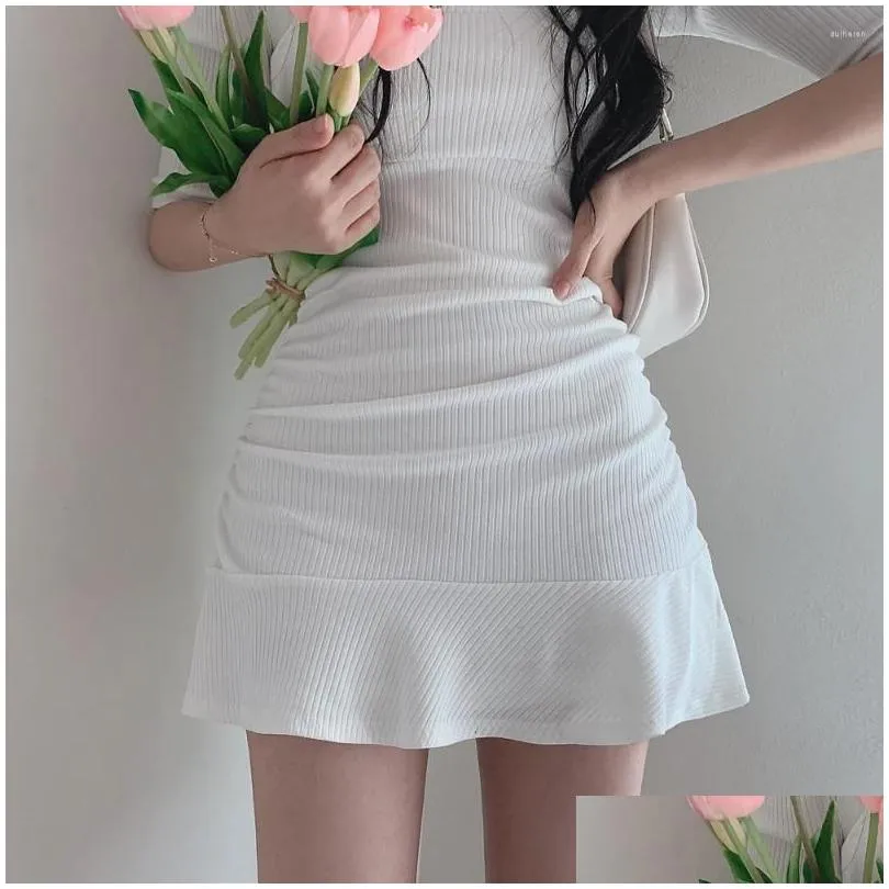 Party Dresses Square Collar Bubble Sleeve Folds Knitting Thin Mini Flounced Edge Women Dress Korean Summer Slimming Sweet Temperament