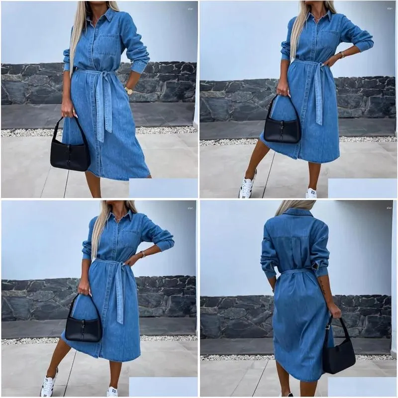 Casual Dresses Women 2024 Spring Solid Button Denim Dress Simple Turn-down Collar Lace-up Office Elegant Long Sleeve