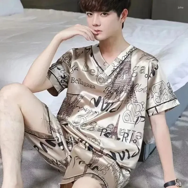 Men`s Sleepwear Short-sleeved Wear V-neck Large S Home Summer Man 2024 Ice Silk For Casual Men Size Sets Pijama Pajama