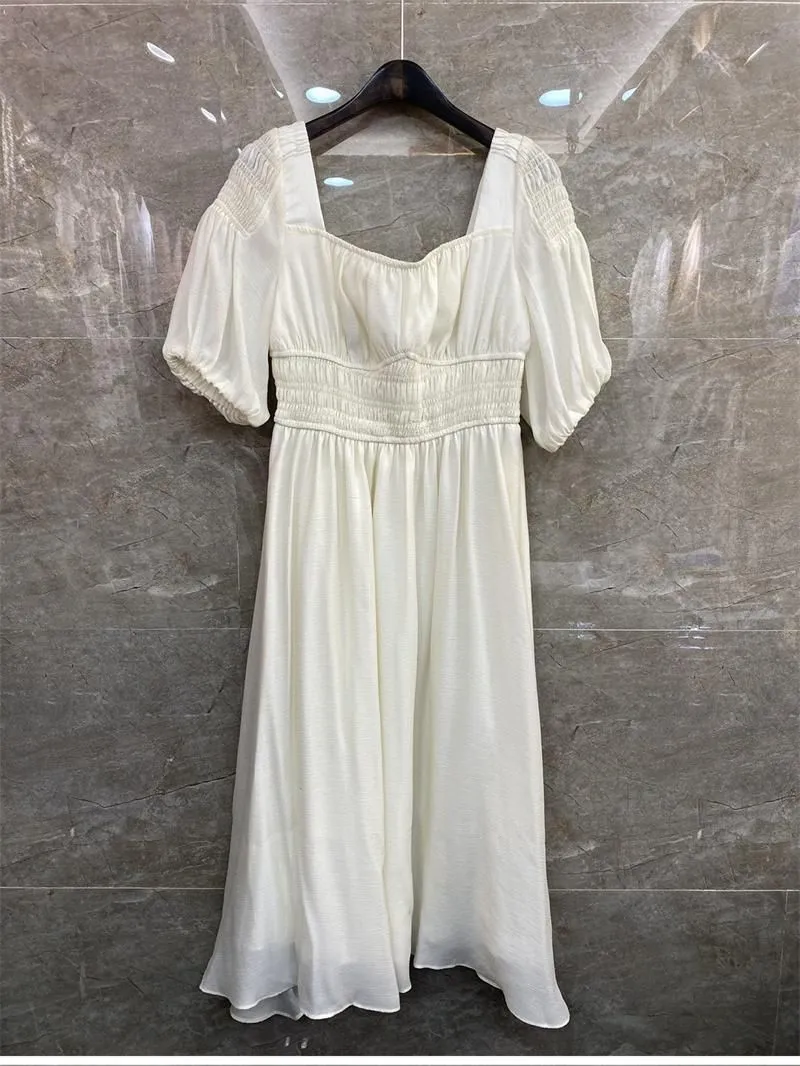 Casual Dresses High Quality Brand Summer Dress 2022 Women Sexy Square Collar Elastic Waist Short Sleeve Mid-Calf White Black
