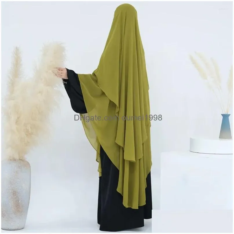 Ethnic Clothing Extra Long Chiffon Khimar Muslim Women 2 Layers Veils Islamic Dubai Turkish Hijab Niqab Jilbab Ramadan Eid No Dress D Dhln0