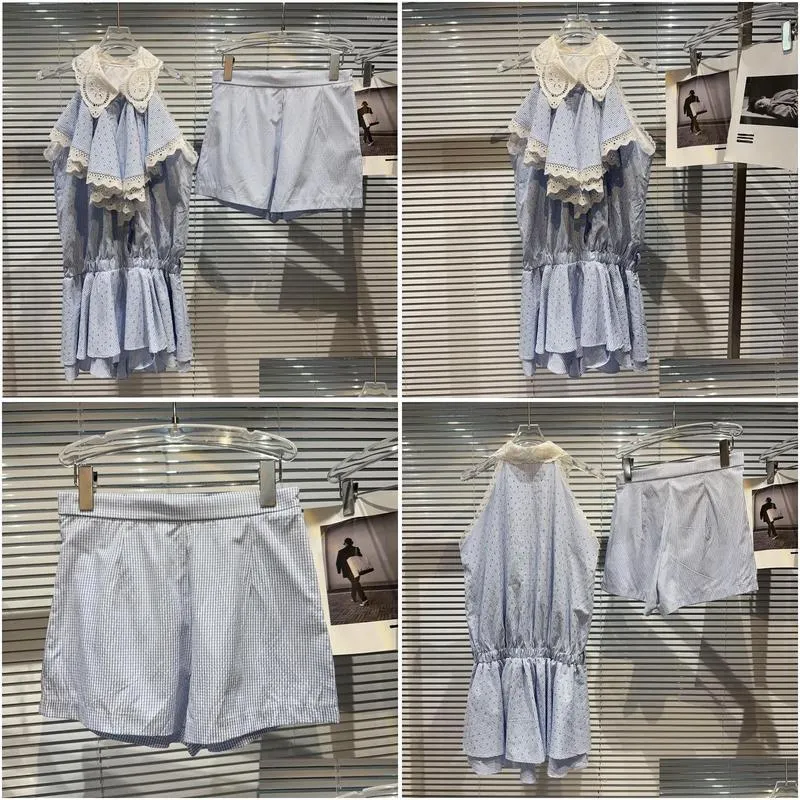 Women`s Tracksuits PREPOMP Summer Arrival Lace Ruffles Rhinestone Diamonds Shirt Elastic Waist Short Blue Plaid Two Piece Set Outfits