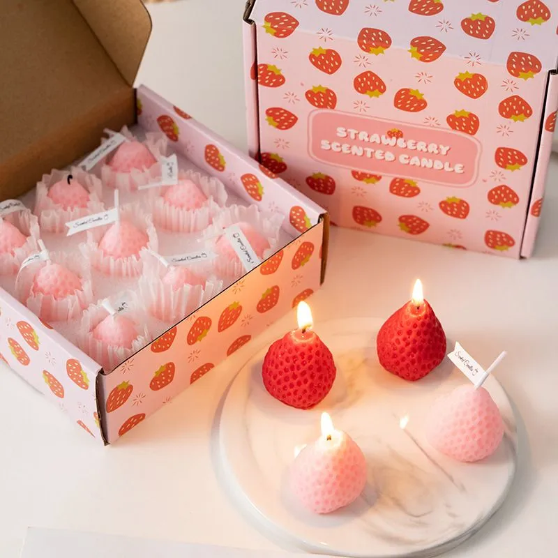 9 Pieces/set Strawberry Decorative Aromatic Candles Soy Wax Scented Candle for Birthday Wedding Candle gift box