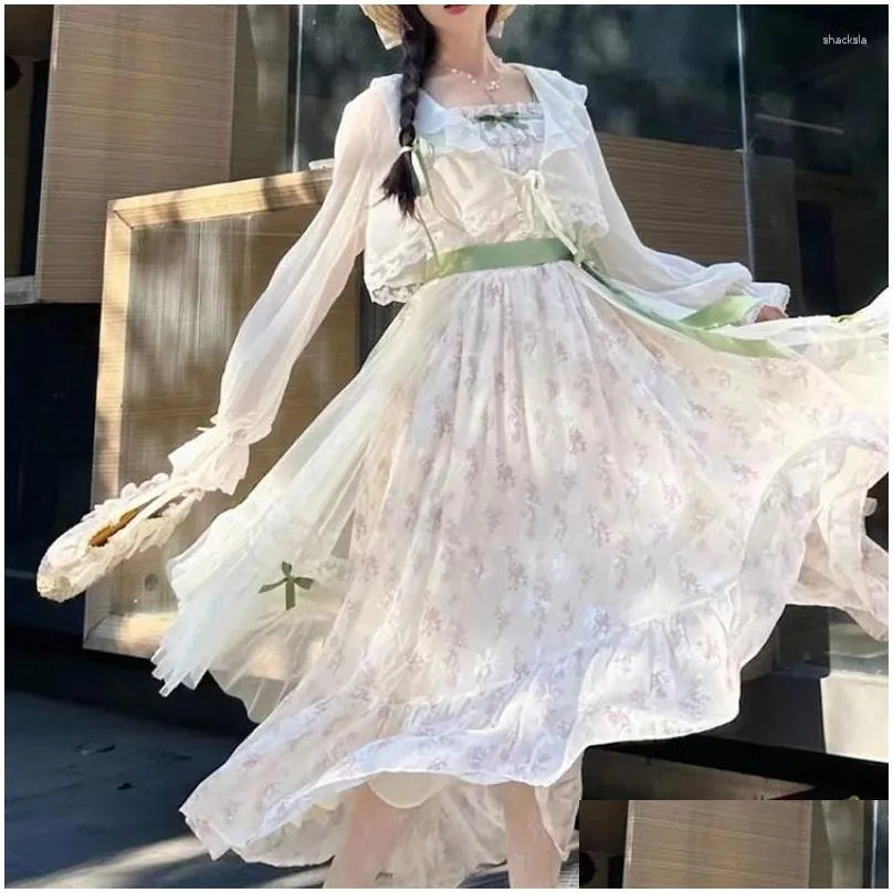 Work Dresses 2024 Autumn French 2 Piece Skirt Set Women Casual Office Lady Cardigan Fairy Elegant Outwear Floral Strap Dress Korean