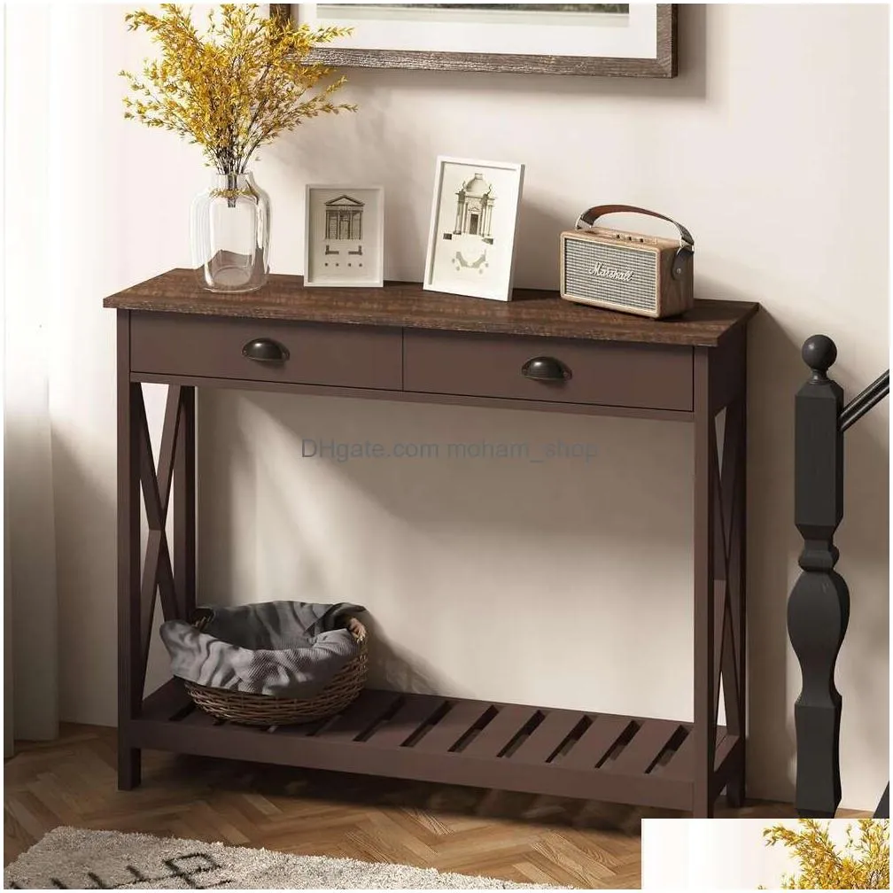 Living Room Furniture Choochoo Farmhouse Console Table With Der For Entryway - Rustic Vintage Hallway Sofa Stable X Supports And She Dhn8K