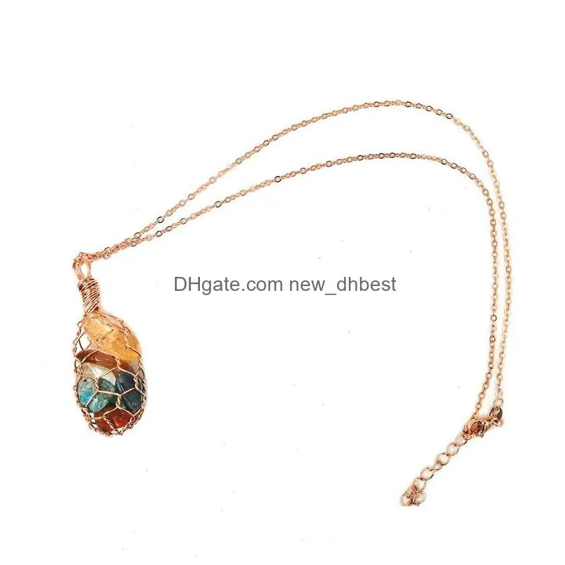 Pendant Necklaces Jln Wire Wrapped Net Irregar Stone Seven Chakra Gemstone Metal Pendants With Anti Tarnished Chain Necklace Gift For Dhleq