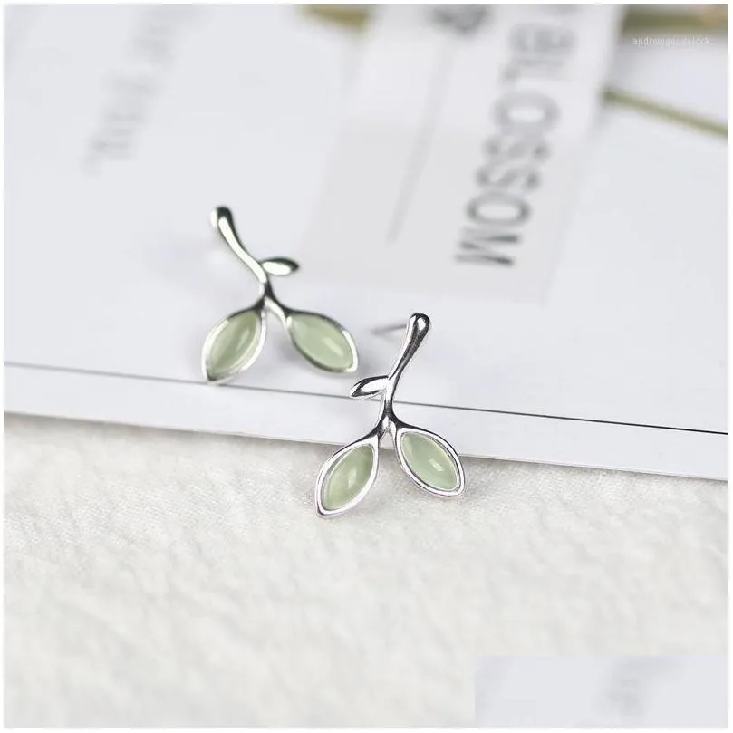 Stud Leaf Shape Earring 925 Sterling Silver Earings For Women Opal Green Stone Ear Pierced Earings1
