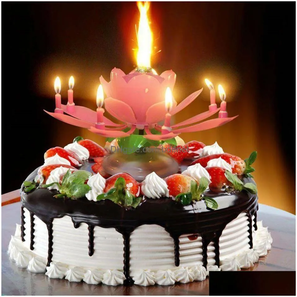 Other Event & Party Supplies Rotating Colorf Petals Music Candle Children Birthday Lotus Sparkling Flower Candles Squirt Blossom Flame Dhxto