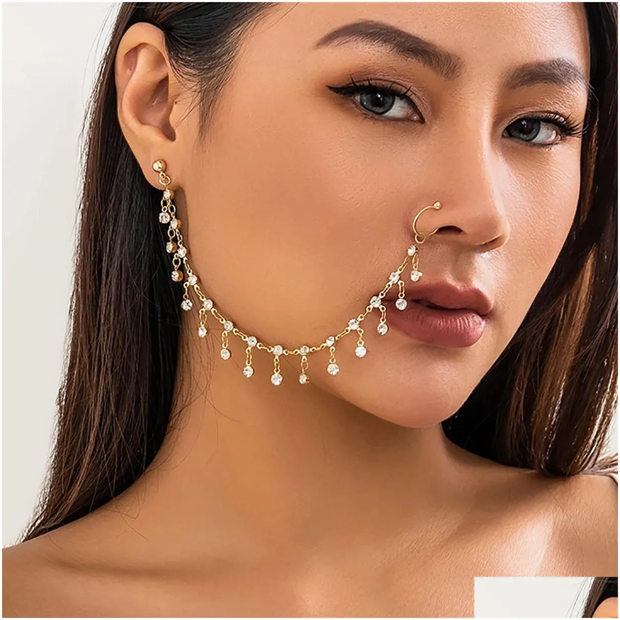 Lacteo Trendy Nose Rings for Women Connecting Earrings Black Green Small Crystal Beads Fake Nostril Piercing Clip Jewelry Ladies