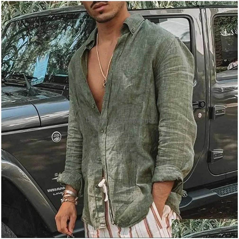 mens cotton linen casual shirt high collar mens solid document long sleeves spring and autumn mens beautiful shirt 2023