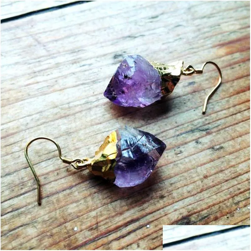 boheme pierre naturelle amethyste boucles doreilles pendantes en or