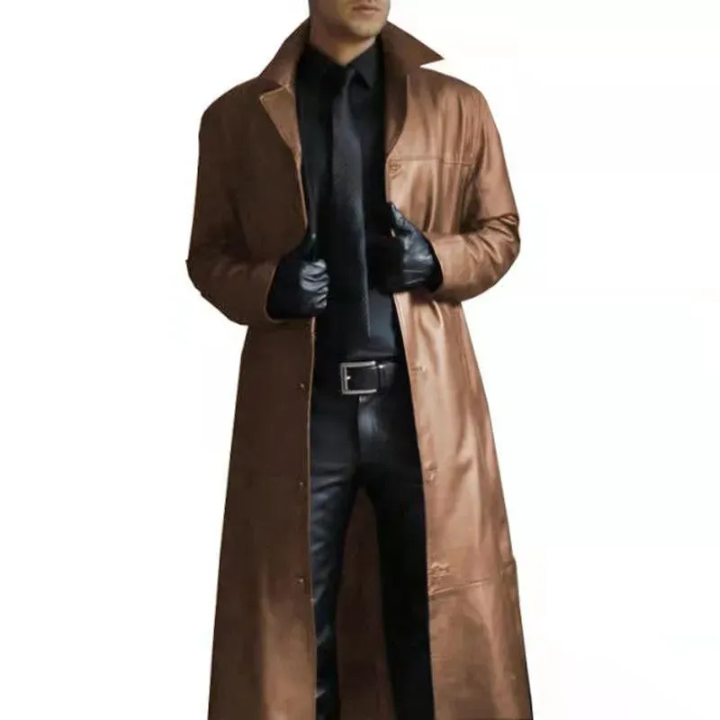 Men`s Trench Coats Spring Autumn Faux Leather Coat Men Cardigan Solid Streetwear Casual Plus Size Long Jacket Mens Clothing Overcoat