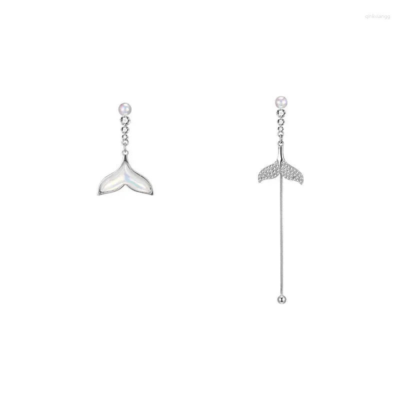 Stud Earrings VOQ Silver Color Asymmetrical Fishtail Tassel Pearl Swinging Women`s Chic Fashion Jewelry