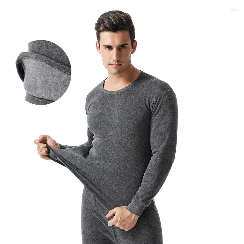 Men`s Thermal Underwear Men Autumn&Winter Style Solid Round Collar Sets With Warm Wool And Thickened Long Johns