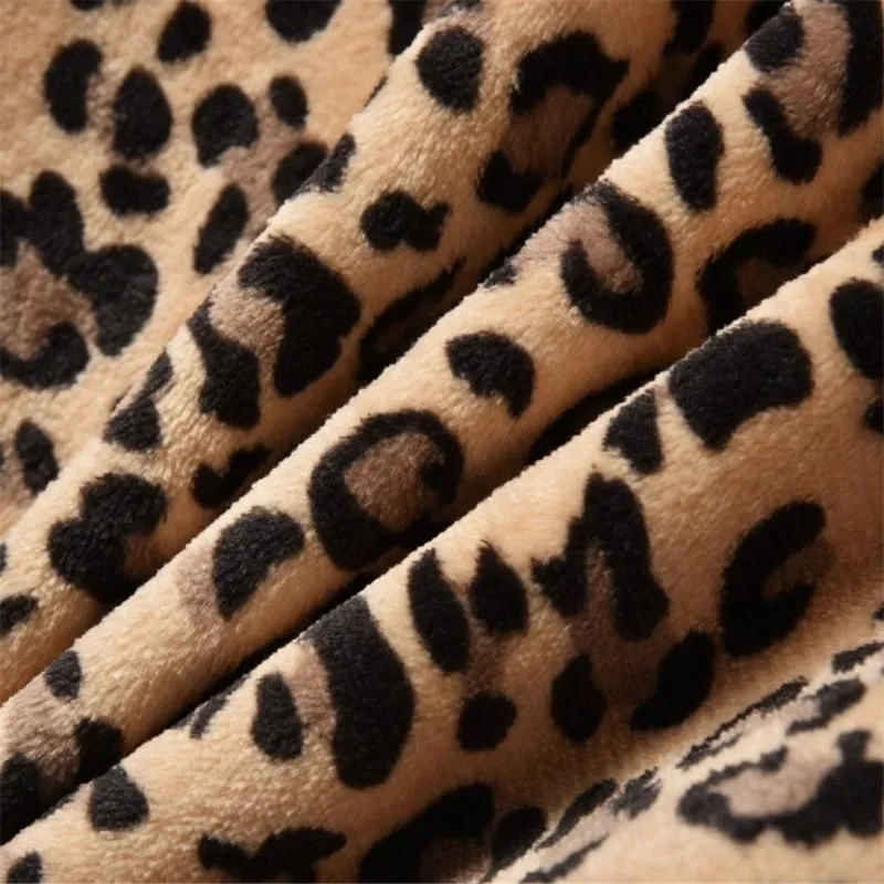 Women`s Leopard Faux Fur Pocket Fuzzy Warm Winter Oversized Outwear Long Coat Female Sleeve Outerwear Menteau Hiver @40 Jackets