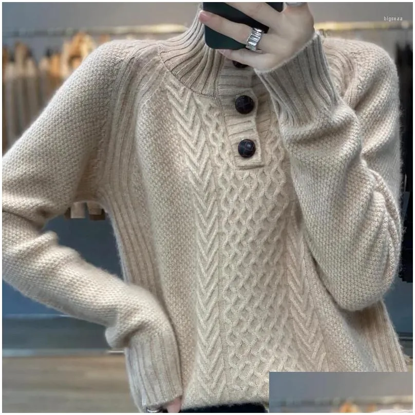 Women`s Sweaters Three-Button Cashmere Sweater Loose Fit Twisted Floral Base Polo Neck Long Sleeve Knitted In Solid Color