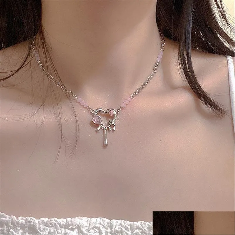 Choker 2023 Kpop Goth Y2K Pink Heart Pendant Clavicle Chain Necklace For Women Egirl Grunge Collares Aesthetic EMO Jewelry Accessories