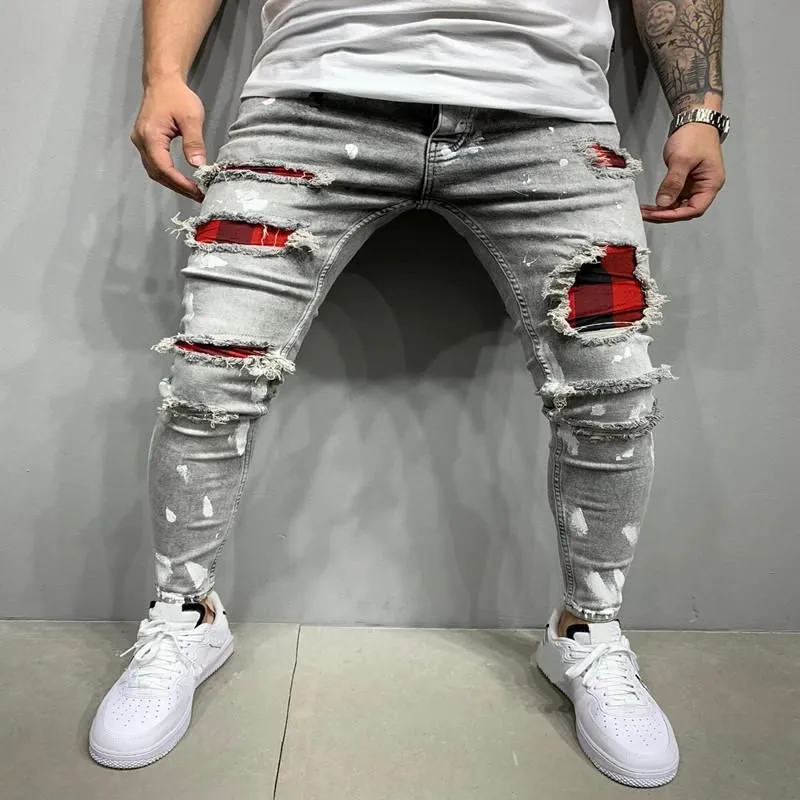 Men Slim-Fit Ripped Male Jeans Painted Fashion Patch Beggar Pants Jumbo Mens Pencil Hip Hop Drop