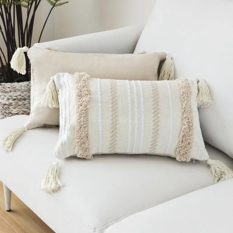 Pillow Cotton Woven Cover Iovry Tassels Morroccan Style Tuft For Home Decoration Sofa Bed 45x45cm/30x50cm/50x50cm /Decorative