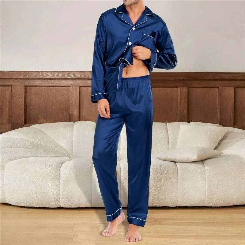 Mens Silk Satin Pajamas Set Sleepwear Pijama Loungewear Suit Female Sleep Two Piece Long Sleeve Pyjamas 240307
