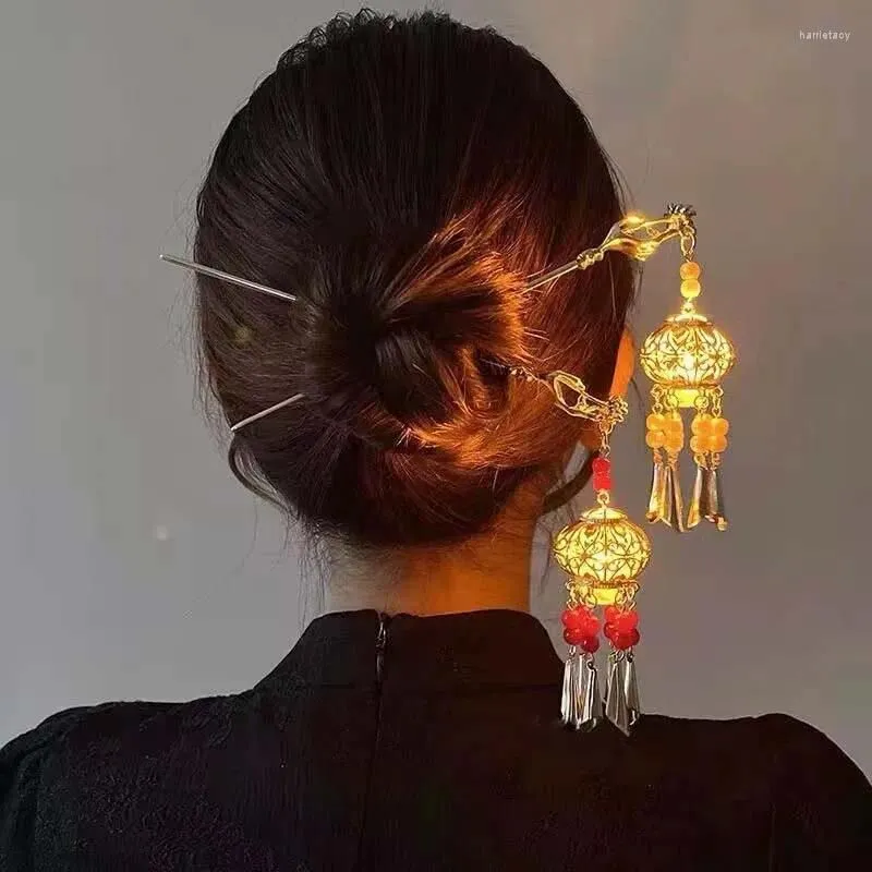 Vintage Chinese Style Lantern Light Tassel Hair Sticks Metal With Pendant Hairpin For Girls Accessories