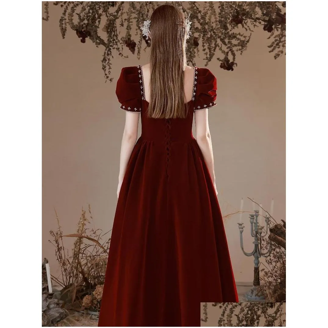 Ethnic Clothing Elegant Burgundy Long A-Line Prom Dresses Women Luxury Formal Party Backless Velour Toast Gowns Vestidos