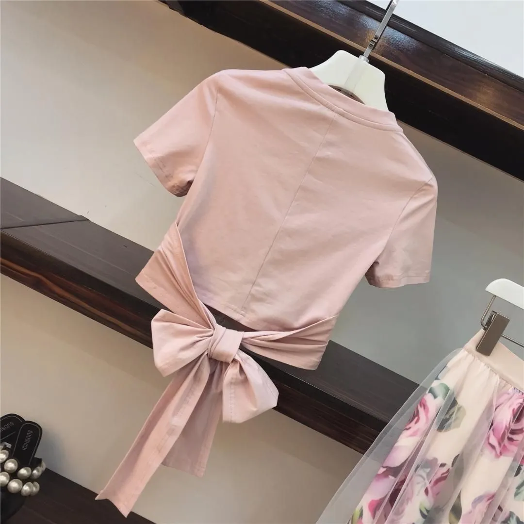 2018 Summer Women New Fashion Irregular Cross Bow Tie T-shirt + Vintage Flower Print Skirt Girl Lady Two-pieces Sets Vestidos