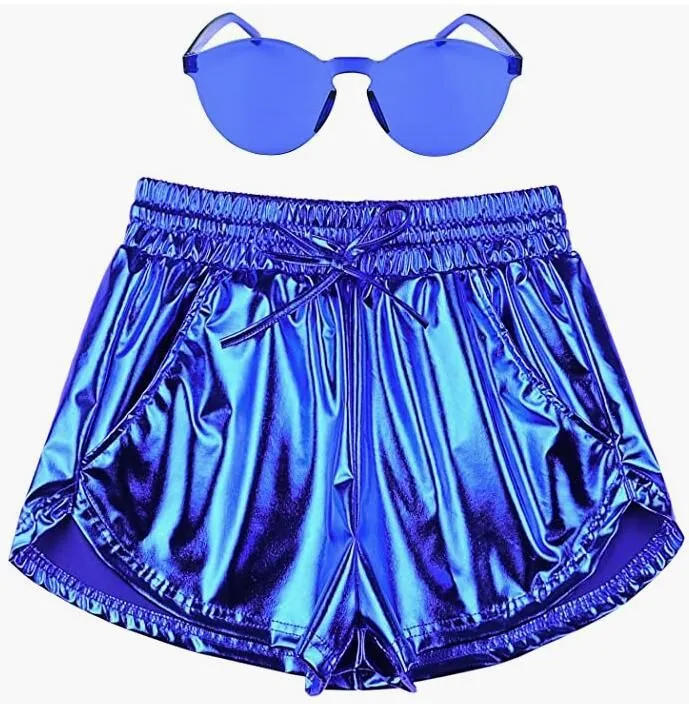 Women`s Pants Girls Summer Shiny Beachwear Reflective Shorts with Drawstring Women Yoga Running Exercise Fitness Shorts Sexy Short