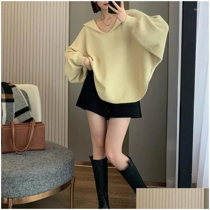 Women`s Jackets 2024 Navy Collar Blouse Women With Early Autumn Knitwear Lazy Loose Side Slit Design Long Sleeve Korean System