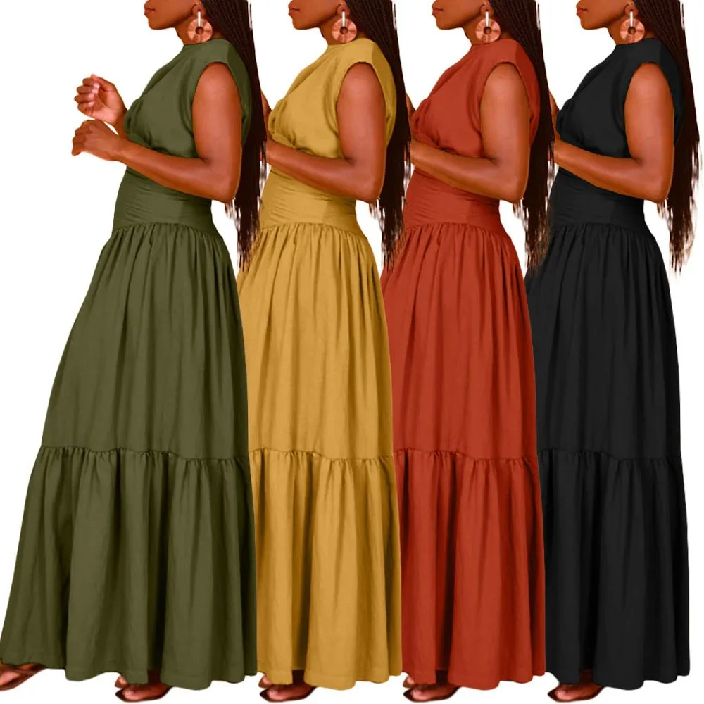 Hot Style Women Sleeveless Pleated Dress Summer Fashion Solid Color Slim Waist Ruffles Bottom A Line Casual Maxi Dresses