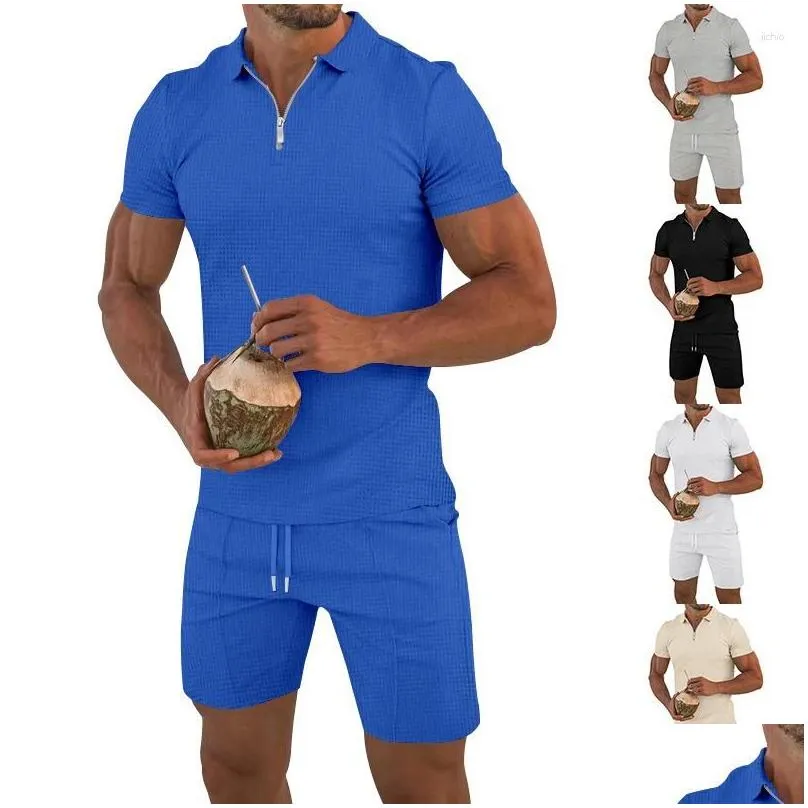 Men`s Tracksuits Summer Fashion Men Tracksuit Short Sleeve Polo T-Shirt And Shorts Set 2 Piece Casual Beach Suit Plain Blank Quarter Zip