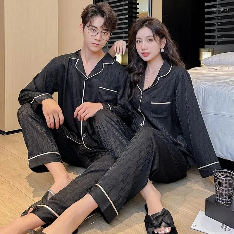 Women`s Sleepwear Jxgarb Autumn Fashion Ice-silk Women Men Couples Pajamas Sets Leisure Female Male Lovers Printed Satin Pijamas