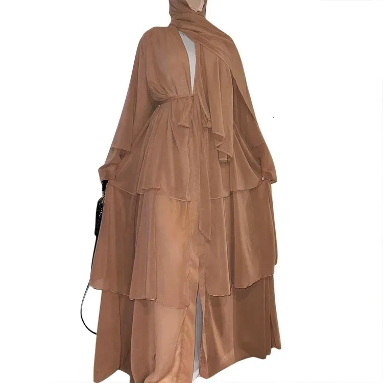 Ethnic Clothing Fashion Stitching Muslim Dress Women ThreeLayer Chiffon Elegant Abaya Ramadan Cardigan Hijab Marocain Robe 230426