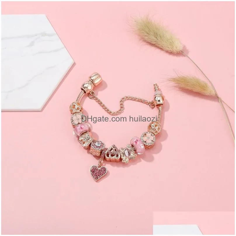 top quality rose gold pink silver charm beads cherry red heart crystal butterfly flower fits european charms bracelets safety chain jewelry diy