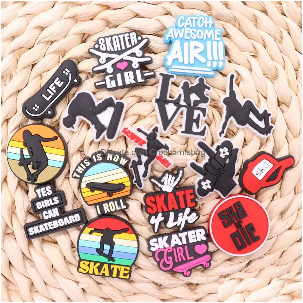 Shoe Parts & Accessories Wholesale 100Pcs Pvc Yes Girls Can Skateboard Skater Life Love Guitar Charms Man Woman Buckle Decorations For Dhzjo
