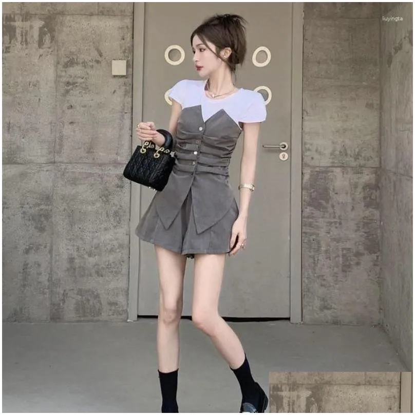 Women`s Tracksuits Woman Matching Set Blazer Shirts And High Waist Shorts Female England Style Short Patchwork Femme Two Piece Chic