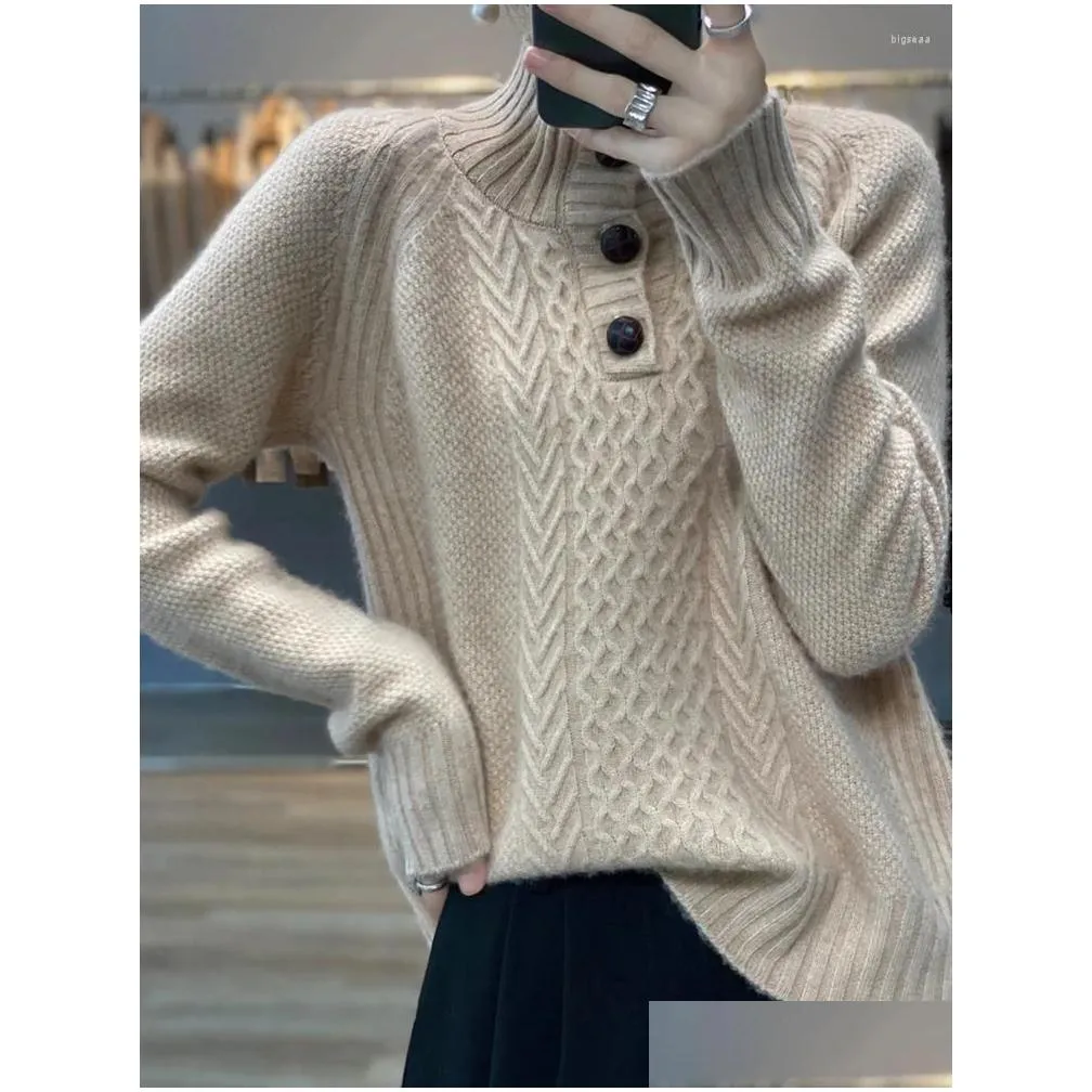 Women`s Sweaters Three-Button Cashmere Sweater Loose Fit Twisted Floral Base Polo Neck Long Sleeve Knitted In Solid Color