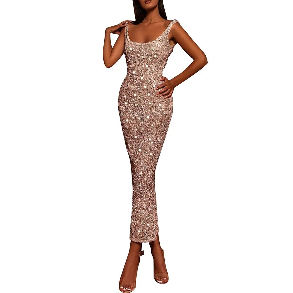 Casual Dresses Sleeveless U-Neck Maxi Dress Elegance Sprinkled With Gold High-Waisted Dress