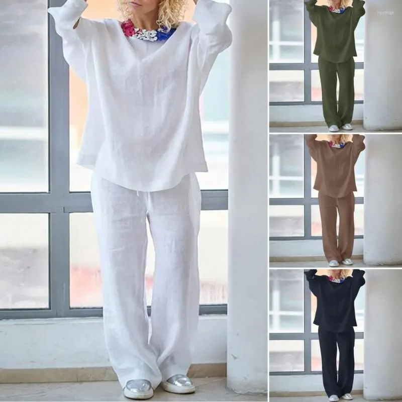 Women`s Two Piece Pants Straight 2 Pcs/Set Stylish Round Neck Pure Color Shirt Set Deep Crotch Women Outfit Elastic Waist For Home