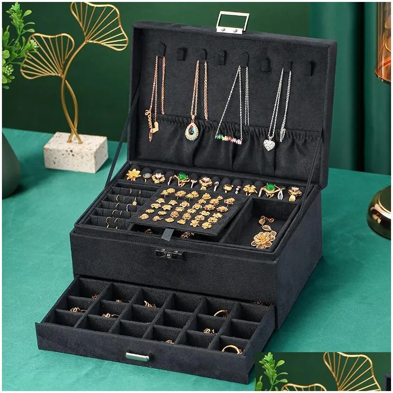 Jewelry Boxes We Oversized 3-Layes Black Flannel Box Boite A Bijou Organizer Necklace Earring Ring Storage For Drop Delivery Dht6K