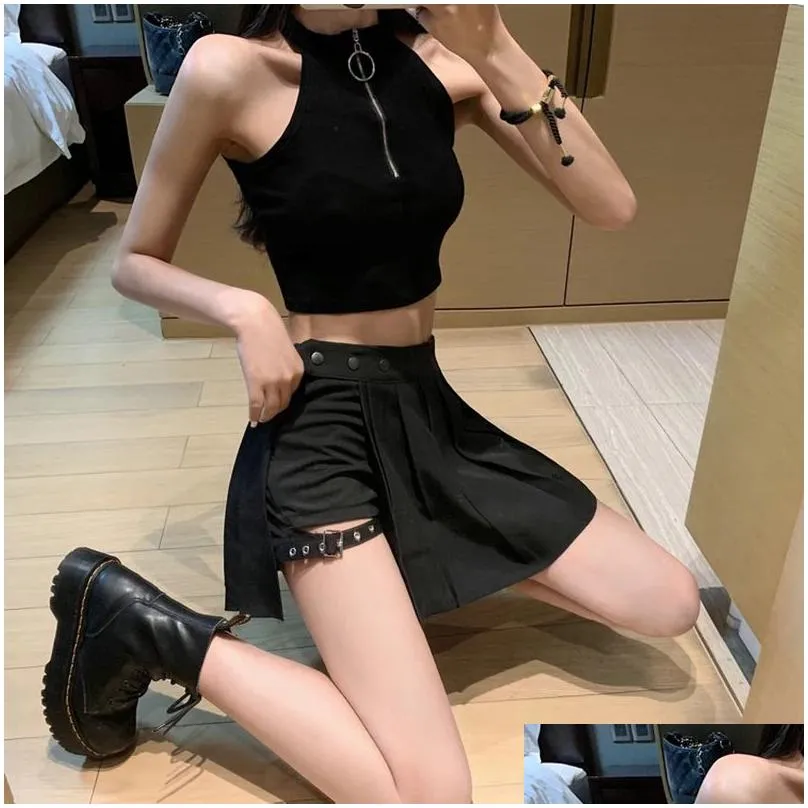 Gothic Harajuku Pleated Skirts Women with Leg Ring Black High Waist Short Skirt Summer Punk Casual Mini Skirt Punk 210311