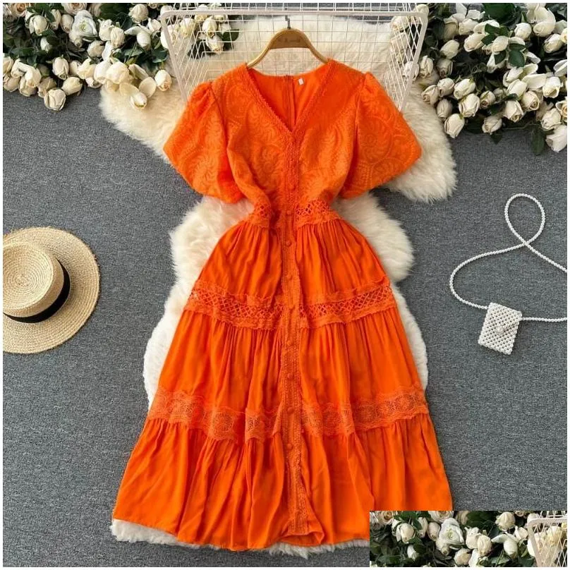 Casual Dresses Summer Dress For Women Sleeve V-neck Tunic Roe Femme Vintage Hollow Out A-line White 2024 Vestidos De Mujer