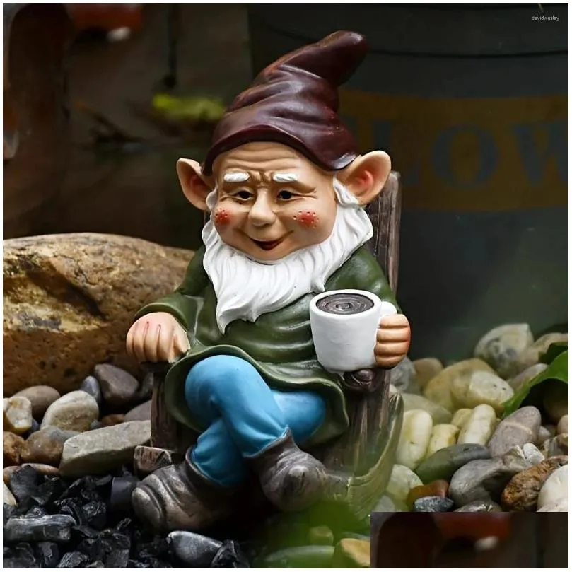 Garden Decorations 1pc Gnome Dwarf Rocking Chair Ornament Resin Outdoor Decoration Patio Leisurely Drinking Tea Lazy