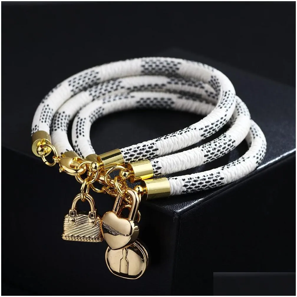 brand leather charm bracelets for women plaid pu real gold plated heart bag pendant lobster clasp design bangle fashion jewelry gift