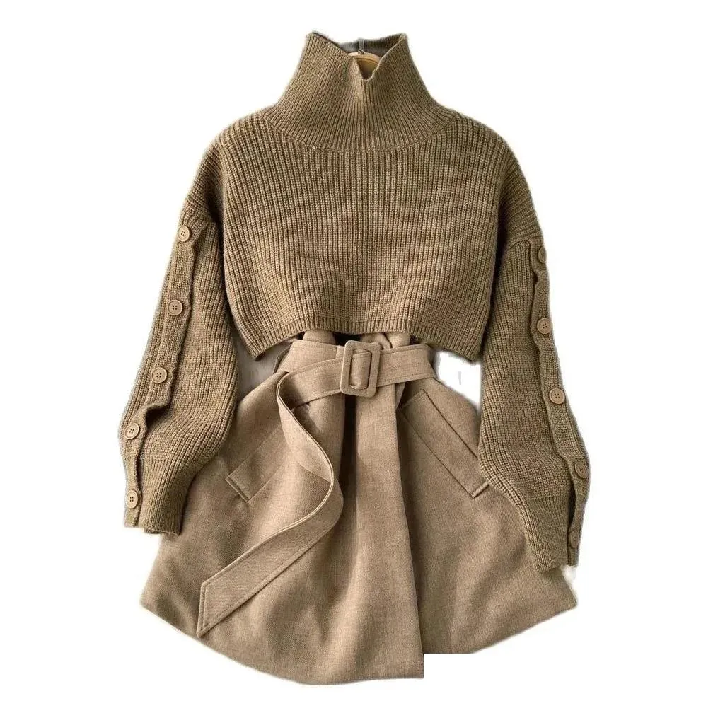 Work Dresses Autumn Winter Knit Two Piece Set Women`s Single-breasted Turtleneck Cropped Pullover Sweater V-neck Vest Dress Solid Women