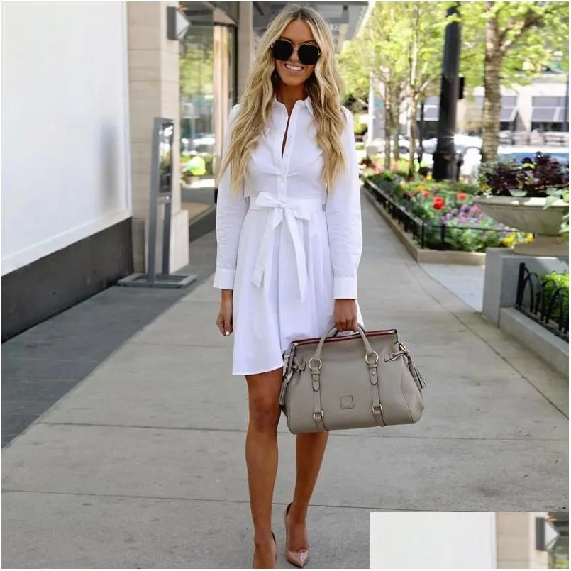 Women White Long Sleeve Shirt A-line Dress Summer Elegant Woman Bloues Clothing Fashion