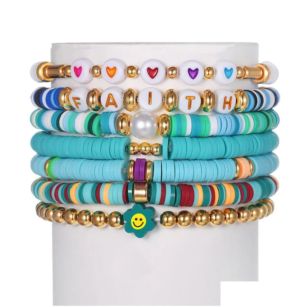 7pcs faith bracelets set surfer heishi beaded strands love heart charm soft clay stackable boho wristbands women summer beach friendship jewelry